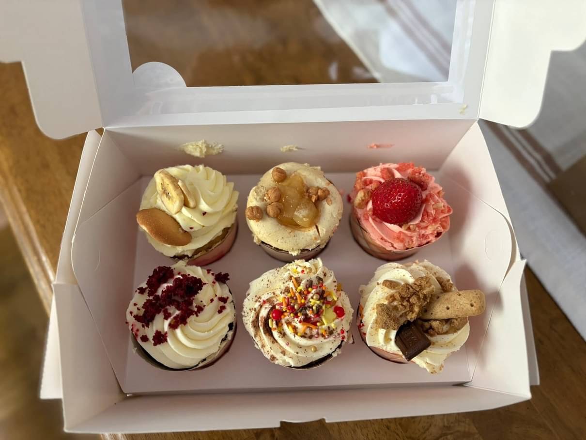 A six pack box of assorted cupcakes