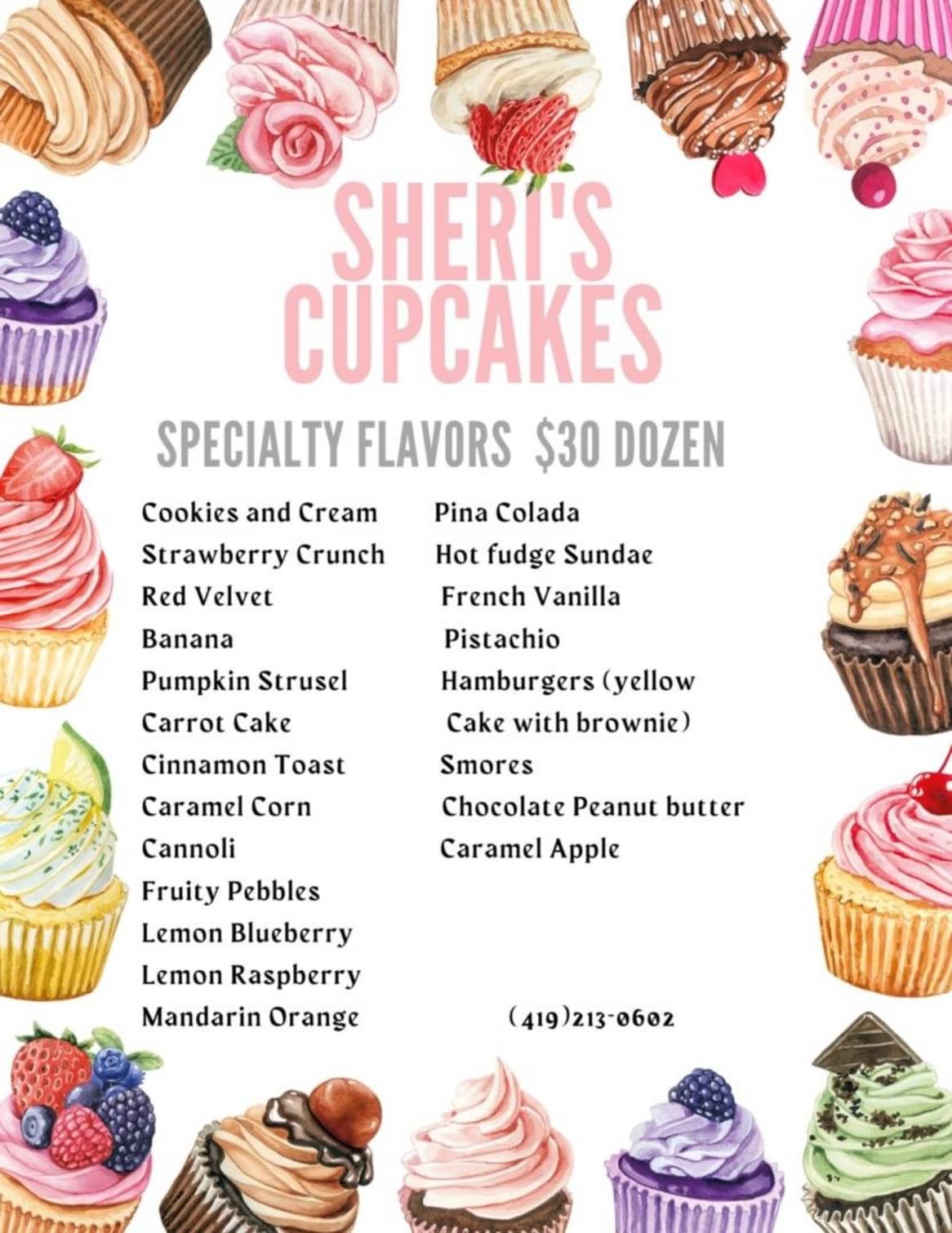 Sheri's Cupcakes specialty flavors menu showing specialty flavors for $30 dozen